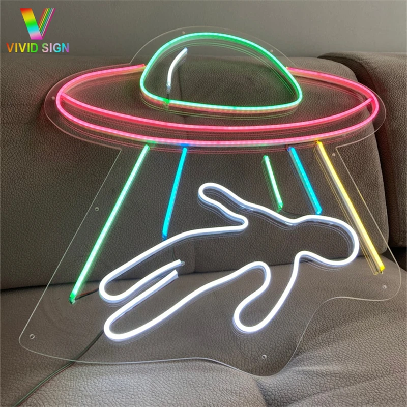Hot sell small neon light UFO creative kid bedroom alien space neon wall lamp