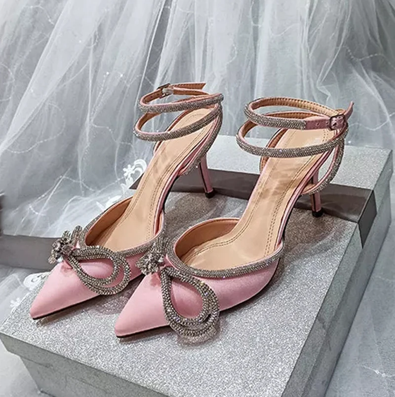 New Design Fashion Style Glitter Rhinestones Heeled Sandals Women Pumps Bowknot Crystal Satin Shoes High heel Party Ladies Shoes
