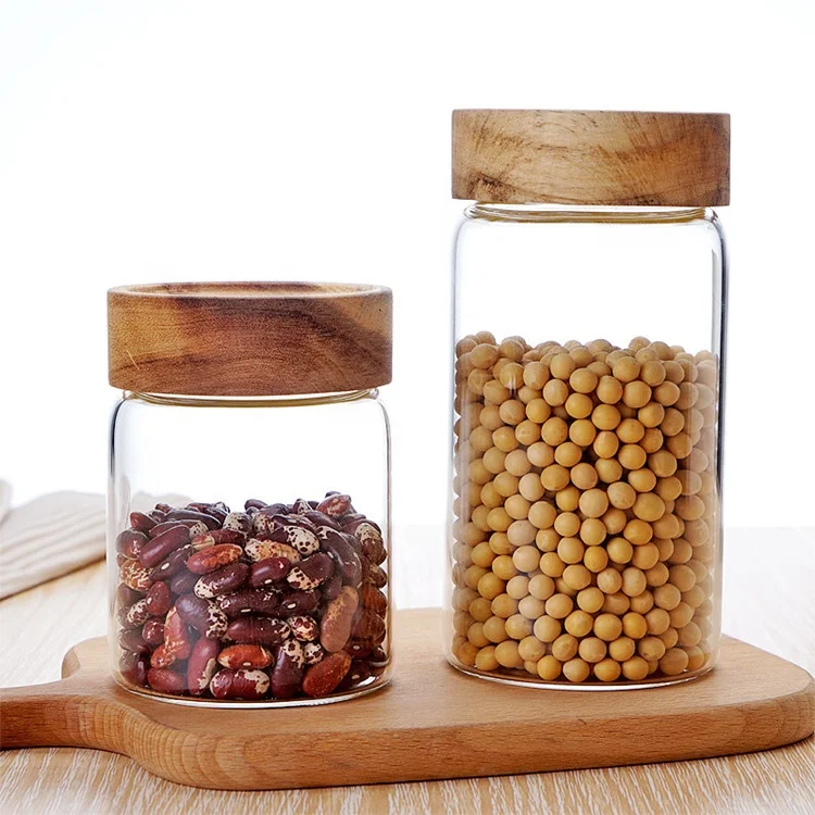 
Wholesale Wide Mouth Cylinder Transparent Borosilicate Glass Jar Food Storage Jar with Wooden Bamboo Lid 