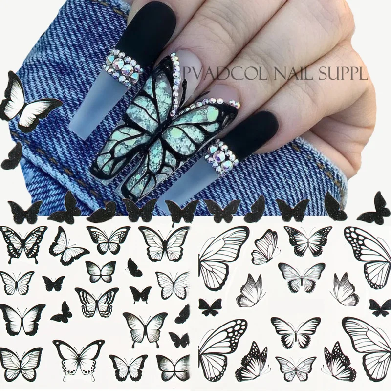 
Nail Art Transfer Decals Foils Black Design Tip Wraps Sliders Acrylic Manicure DecorationButterfly Nail Stickers 
