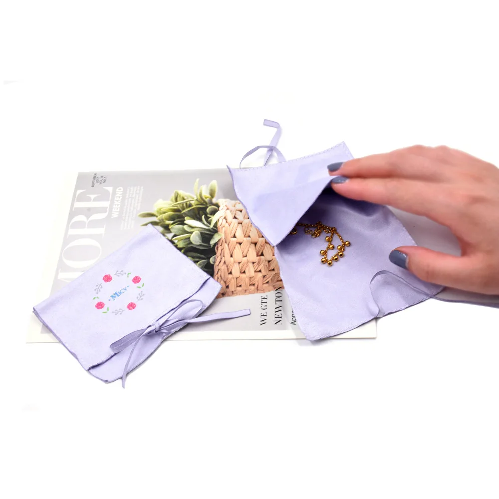 Floral Printing Wholesale Silk Satin  Fiber Pouch Bag With Strong Closure for Jewelry Collection Packaging