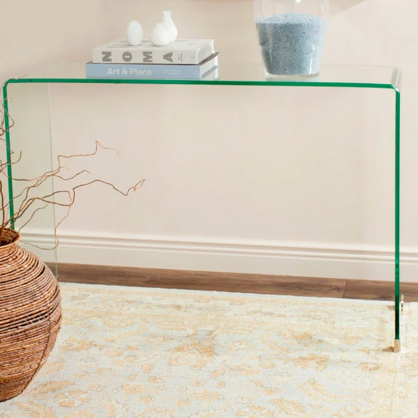 Contemporary transparent glass U-shaped side table is simple and luxurious placed beside the sofa and the study