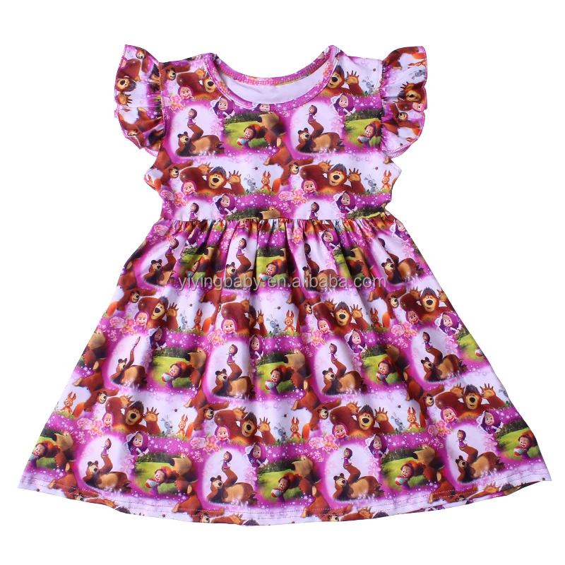 Fashionable trendy wholesale kids boutique clothing cute animals prints dress long ruffle sleeve for winter smocked baby frocks