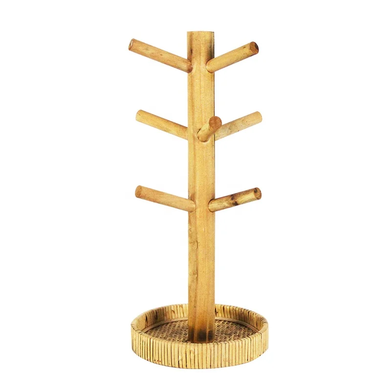 Rattan Plate Wooden Cup Holder With 9 Storage Hooks Wooden Coffee Cup Dryer Freestanding Tea Cup Organizer