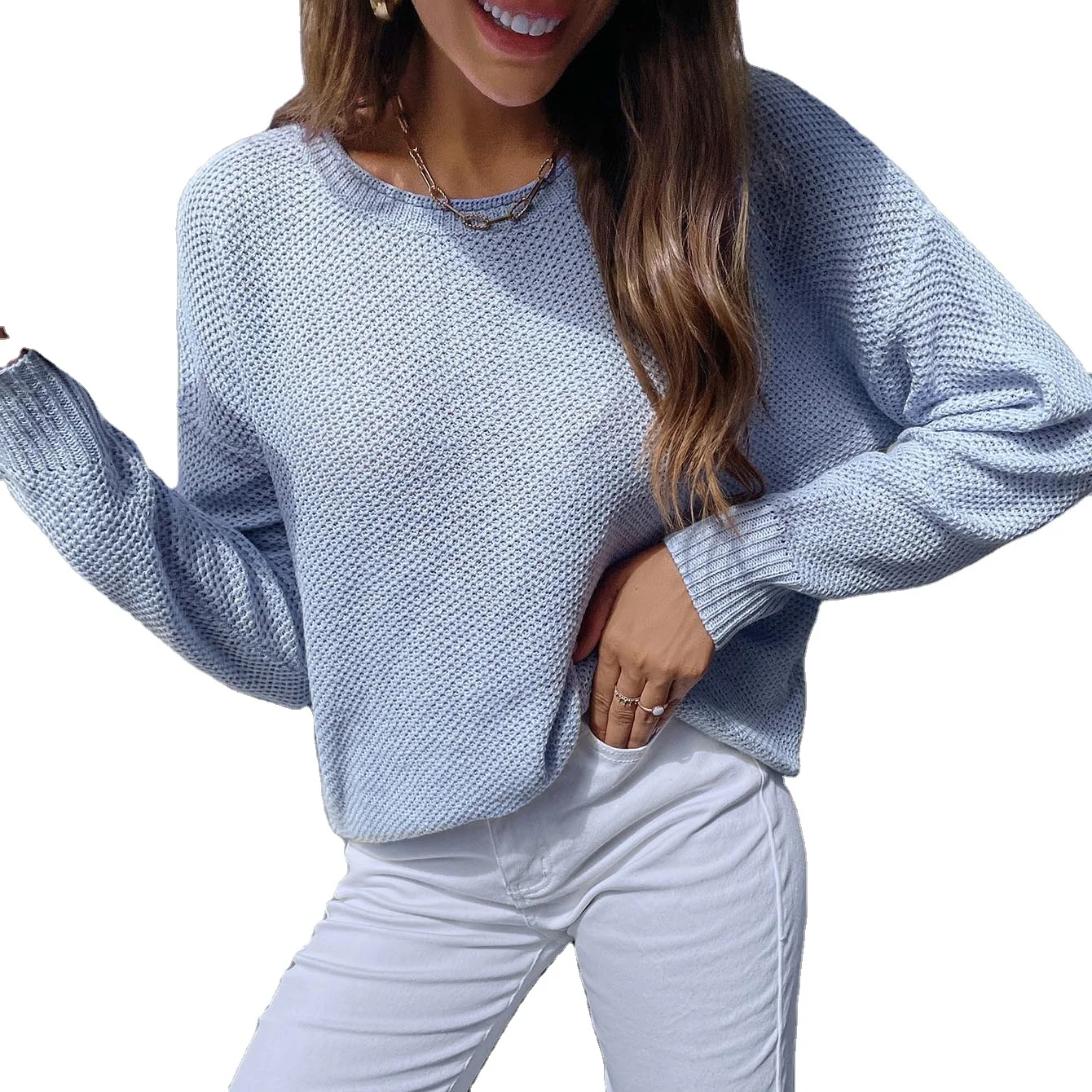 Spring Fall Ladies Fashion Korean Sweater Customizable Pullover Sweaters Light Blue Sweater