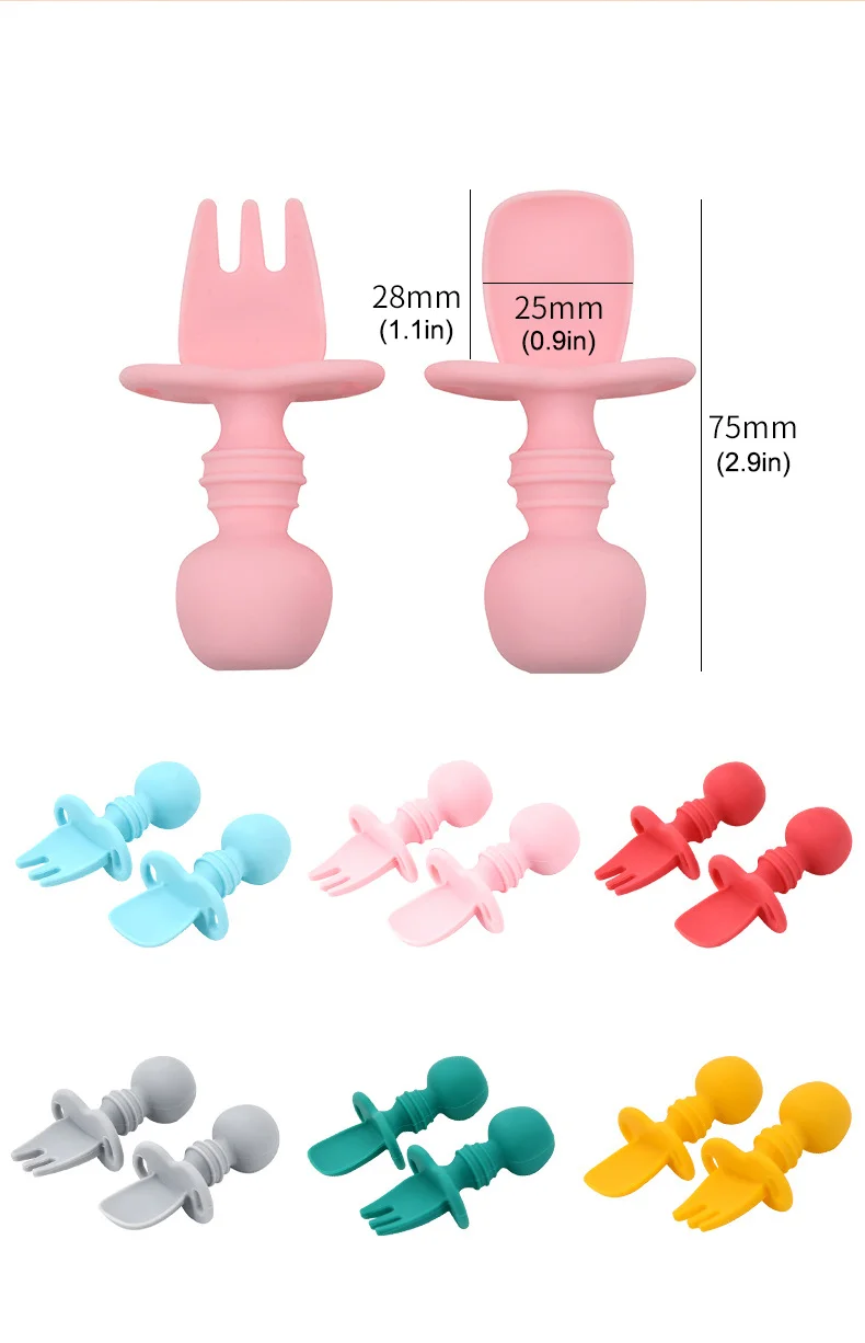 Anti Choke Easy Grab Feeding Sets First Self Feed Training Spoon Fork Tableware Baby Utensils Silicone Spoon and Fork Set