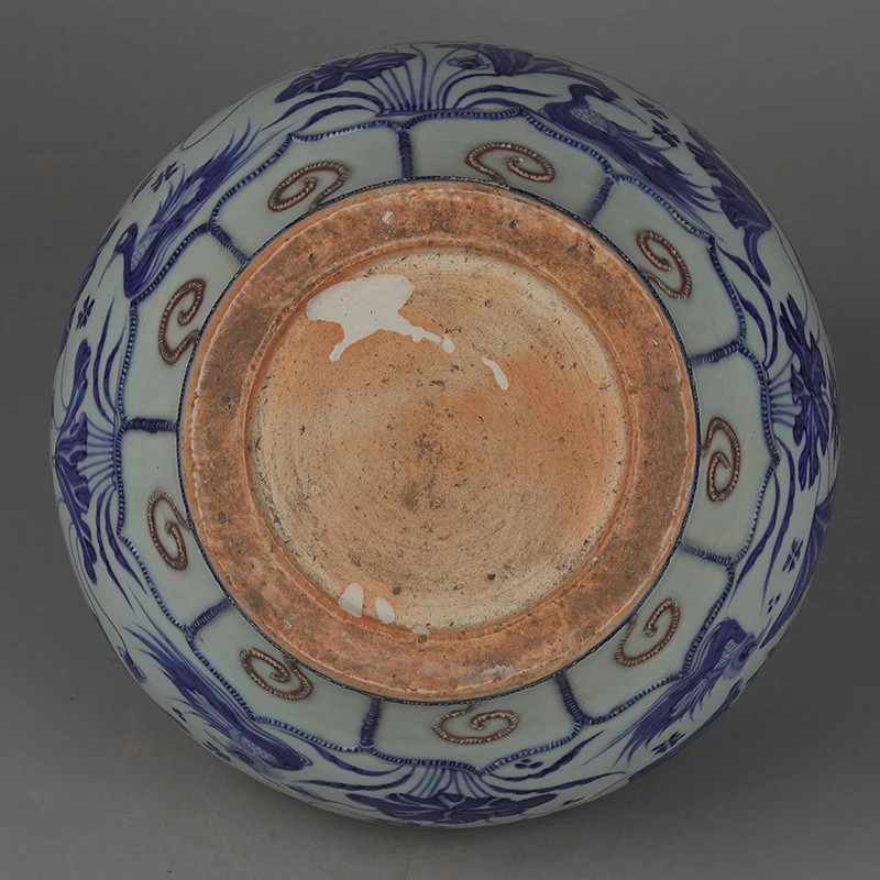 Chinese Antique Yuan Dynasty Blue and White Mandarin Duck Playing Water Pattern Lotus Leaf Lid Jar home decors ceramics vases