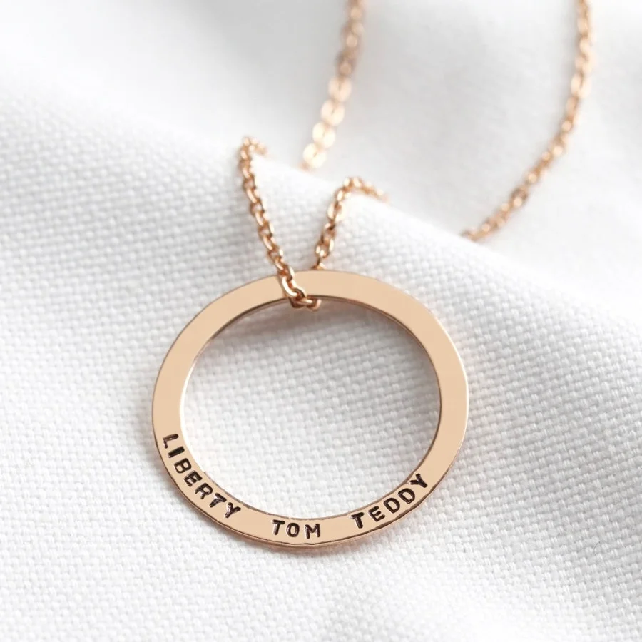 AFXSION Personalised Stainless Steel Jewelry Girls Gold Family Hoop Necklace Engraved Name Positive Phrase Word Circle Necklace