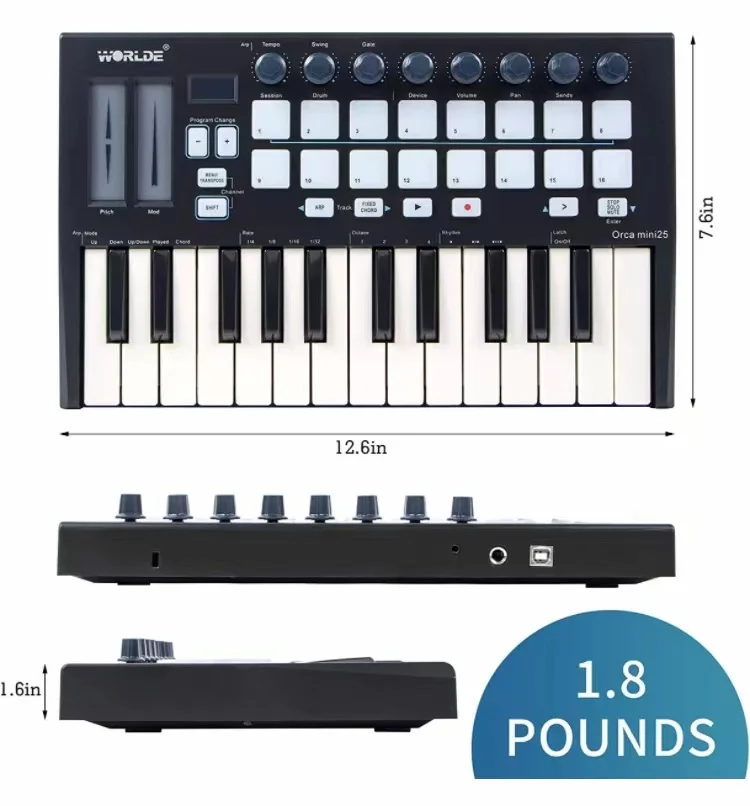 Worlde орка мини, как Novat1on, мини MK3, музыкальный пианино, студийная MIDI-клавиатура, контроллер, 25 клавиш