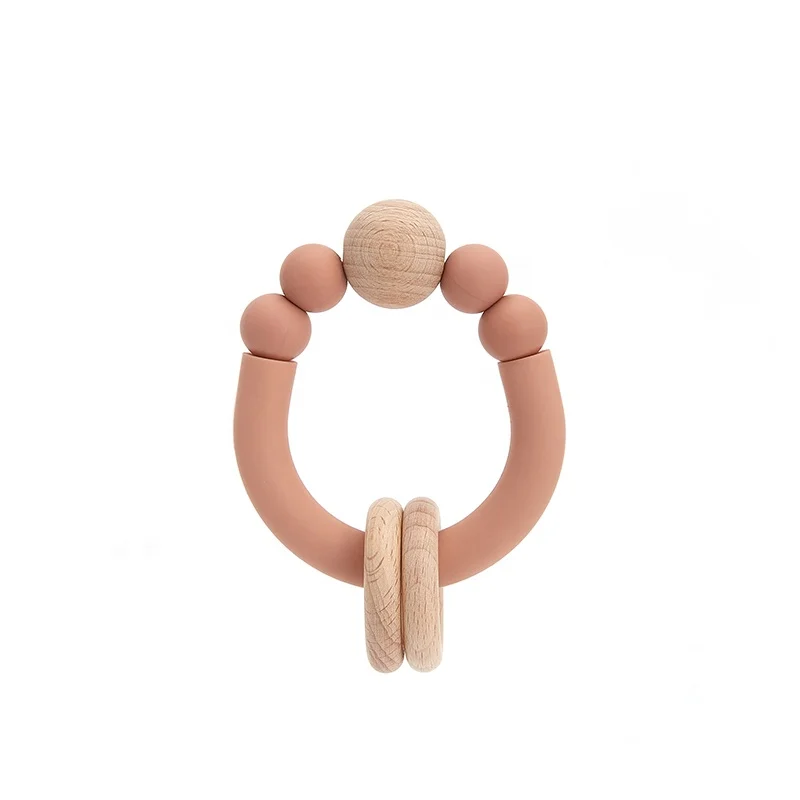 New Design Sensory Baby Teething Toys Rattle Soft Bpa Free Wood Baby Teether Ring Silicone Teether