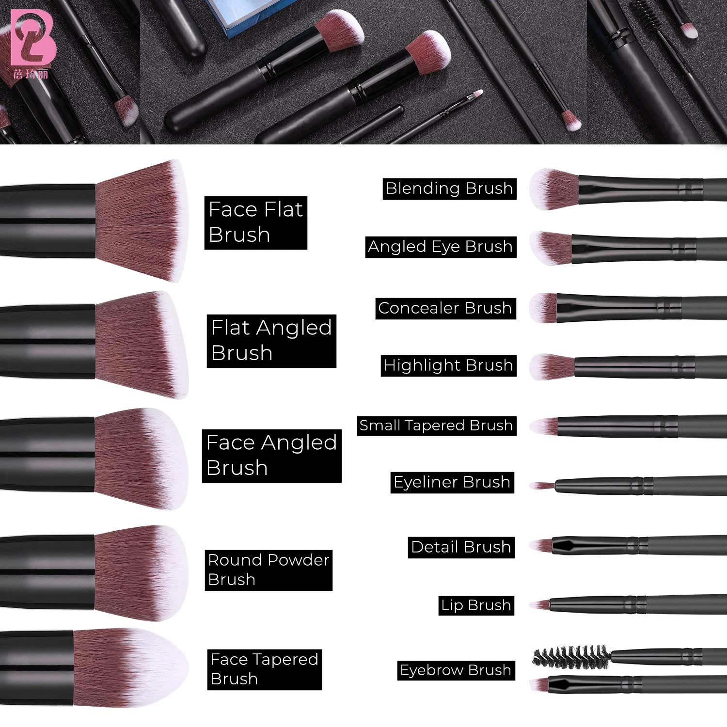 Beiqili Black 14 pc Natural Goat Pony Hair Professional Makeup Brushes Private Label Wholesale Makeup Brush Set Pincel Maquiagem