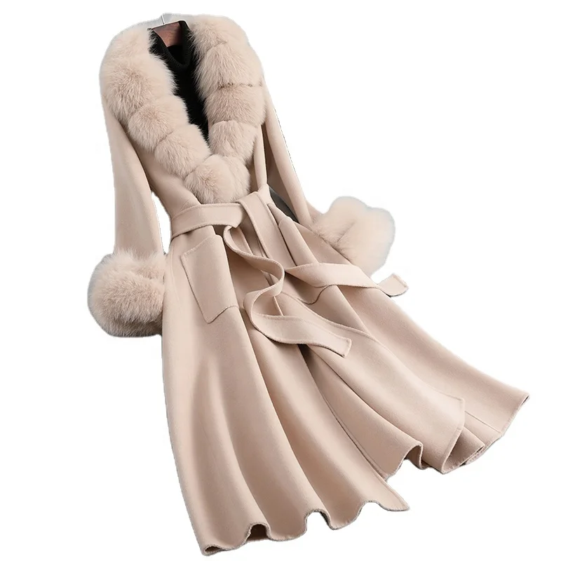 Female Wool Tweed 2023 Winter Warm Long Coats Lady Girl Fox Fur Collar Cashmere Overcoat Parka JT3384