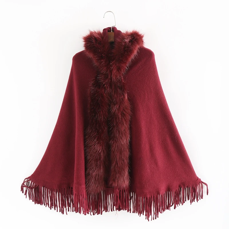 Women Fine Knit Open Front Faux Fur Trim Layers Poncho Cape Cardigan Jumper