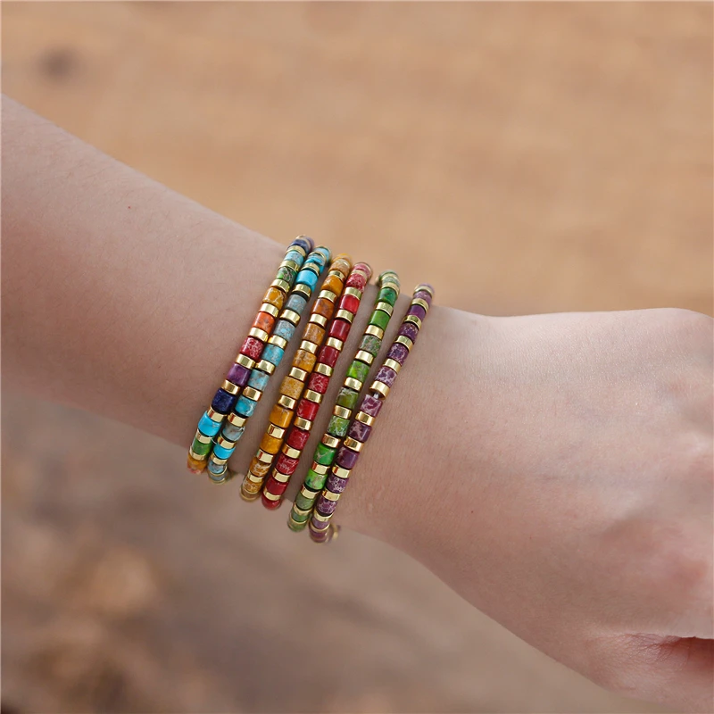 19 colors Minimalist 4x4mm Beaded Bracelet for Women Adjustable Healing 7 Chakra Rainbow Sea Sediment Jasper Jewelry Wholesale