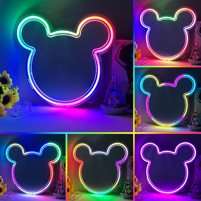 Dropshipping Mirror Acrylic Neon Light logo For Bedroom Birthday Party Bar Decor Neon Lights Bear Mirror Neon Sign