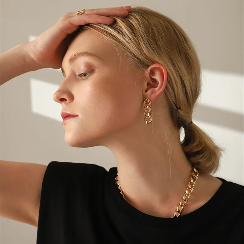 2022 Wholesale High End Waterproof Hypoallergenic Stainless Steel Women Jewelry 18K Gold Plated Thick Cuban Link Chain Earrings