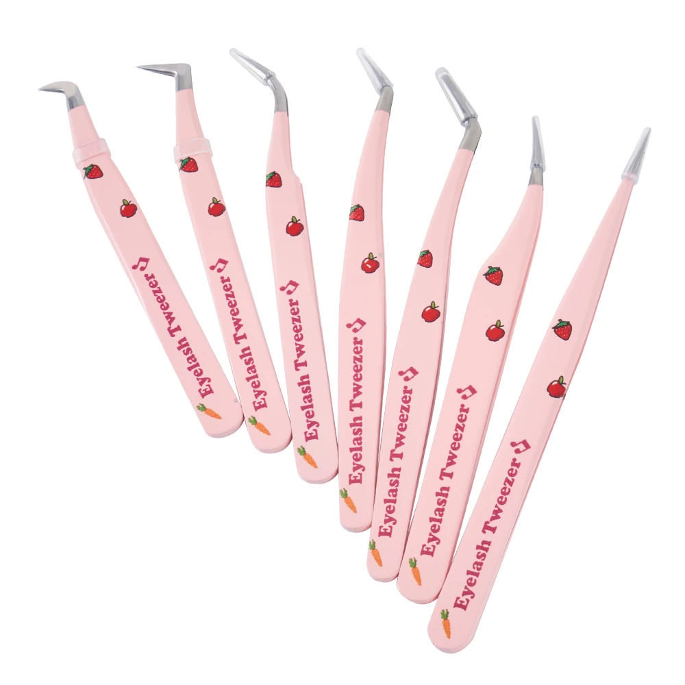 Pink Fiber Tip Tweezers Stainless Steel Volume Diy Lash Extension Tweezer Eyelash Tweezer Set With Fiber Grip