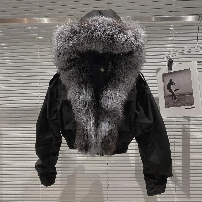 OUDINA Winter Fox Fur Hat Bubble Coat With Hood Short Cropped Jacket Hoodie Womens Fur Coats For Ladies
