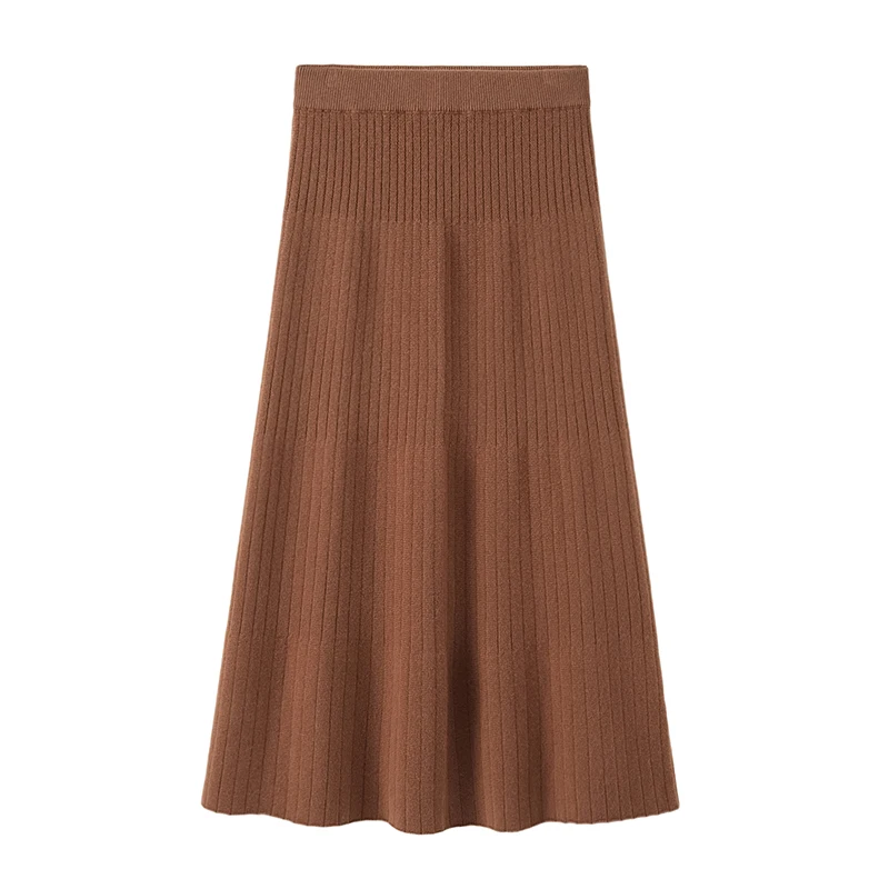Newest Elegant A-Line Pleated Rib Knitted Cashmere Skirt Solid Design with Natural Waist Sustainable Woolen Yarn Dyed Fabric