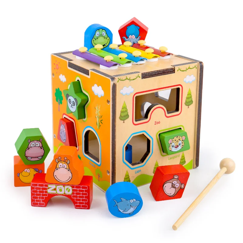 Hot sale cartoon multifunction baby wooden shapes sorter knocking piano educational wooden toy for children