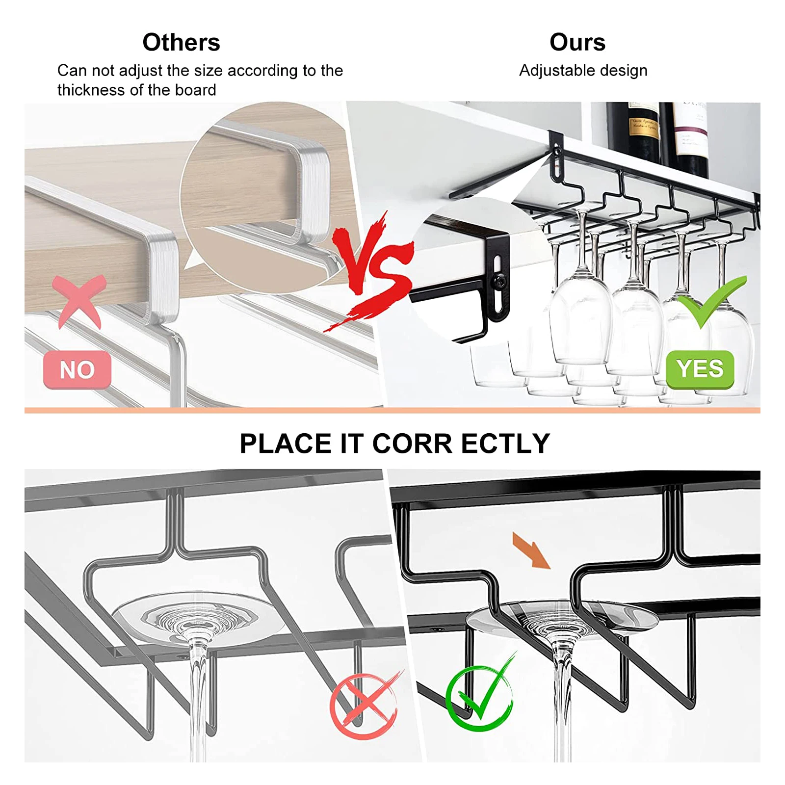Punch-Free 4 Rows Stemware Wine Glass Metal Holder Adjustable Wine Glass Rack Under Cabinet