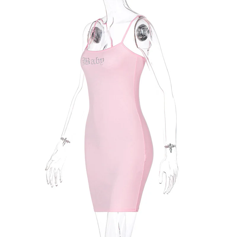 Summer Trends Apparel Women Clothes White Pink Sexy Rhinestone Letter Camisole Strap Dresses 2022  Dress