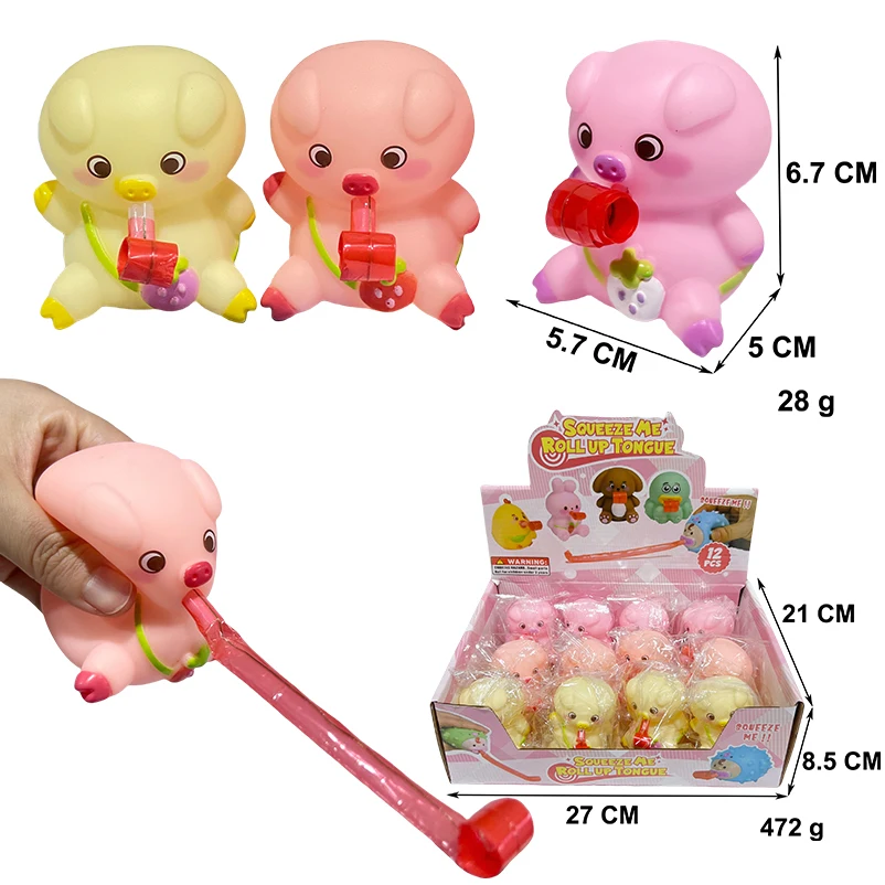 2024 Promotion Vinyl Easter Pinch Piggy Popping Tongue Squeeze Toy Funny Tongue Sticking Out Roll up Squeeze Sticky Animal Toys