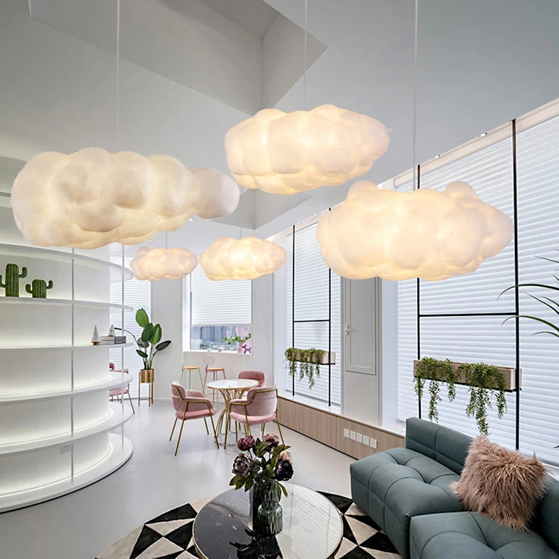 Soft cotton shell pendant chandelier lamp white floating hanging shade shape cloud light for baby bedroom decoration