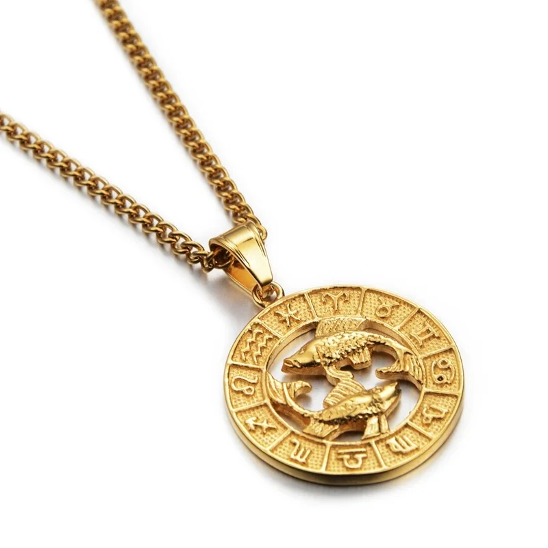 Jewelry Custom Men Wolf Lion Compass Jesus Coin Charm Pendant Stainless Steel 12 Zodiac Sign Necklace