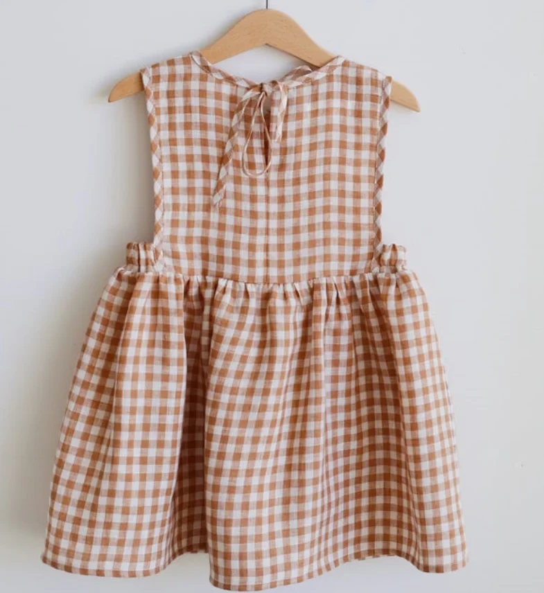 wholesale baby beige gingham linen tie back pocket dress