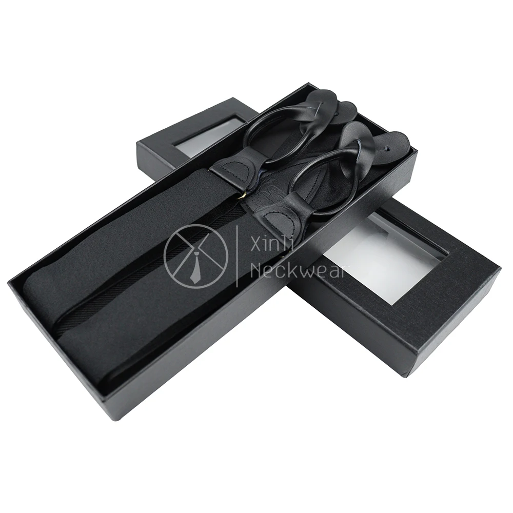 Factory Solid Black Silk Fabric Genuine Leather Ends Elastic Brace Tuxedo Suspenders with Custom Logo