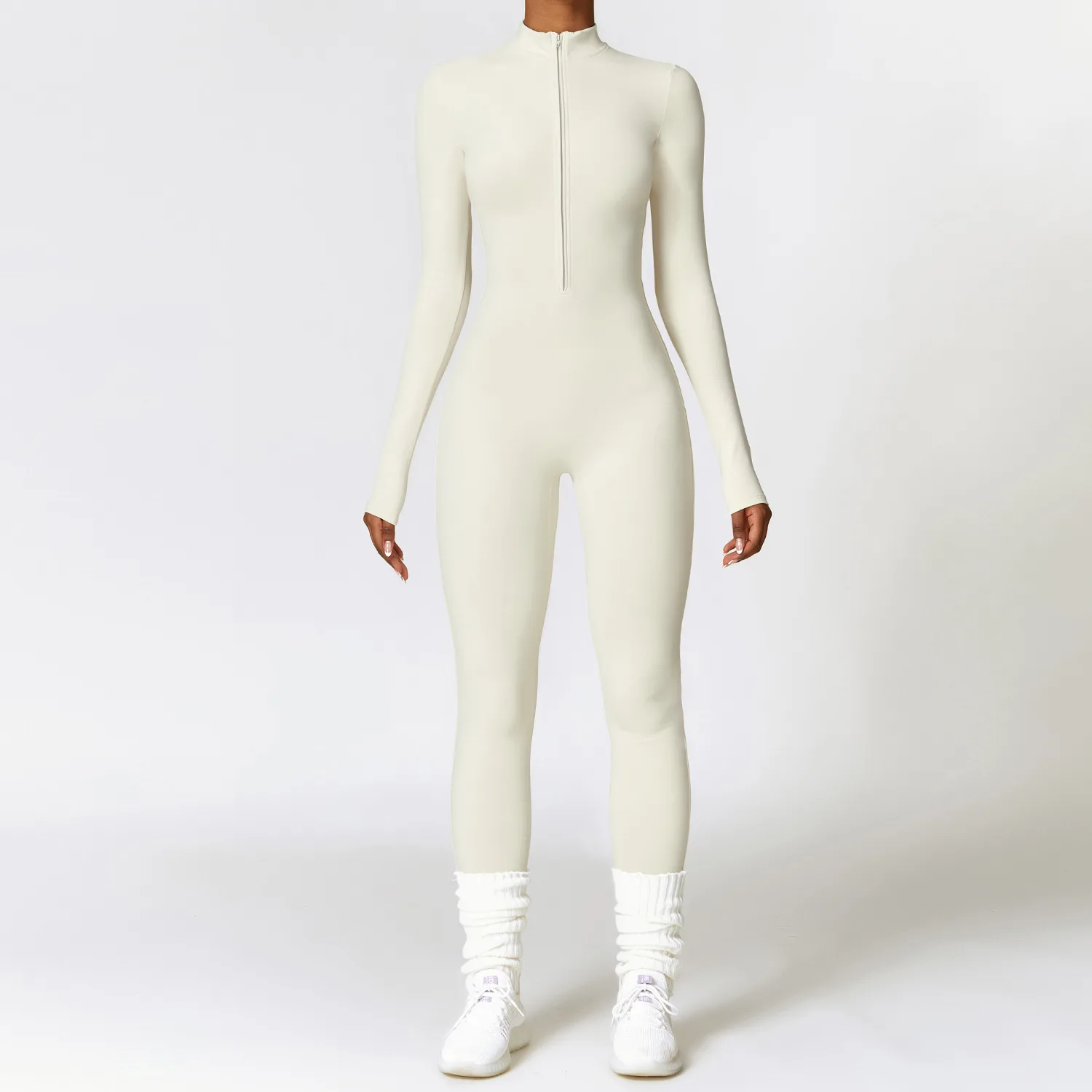 XW-CLT8445 Custom Half Zip Yoga Activewear Sports Long Sleeve Nylon Bodysuit Workout One Piece Gym Female Jumpsuit