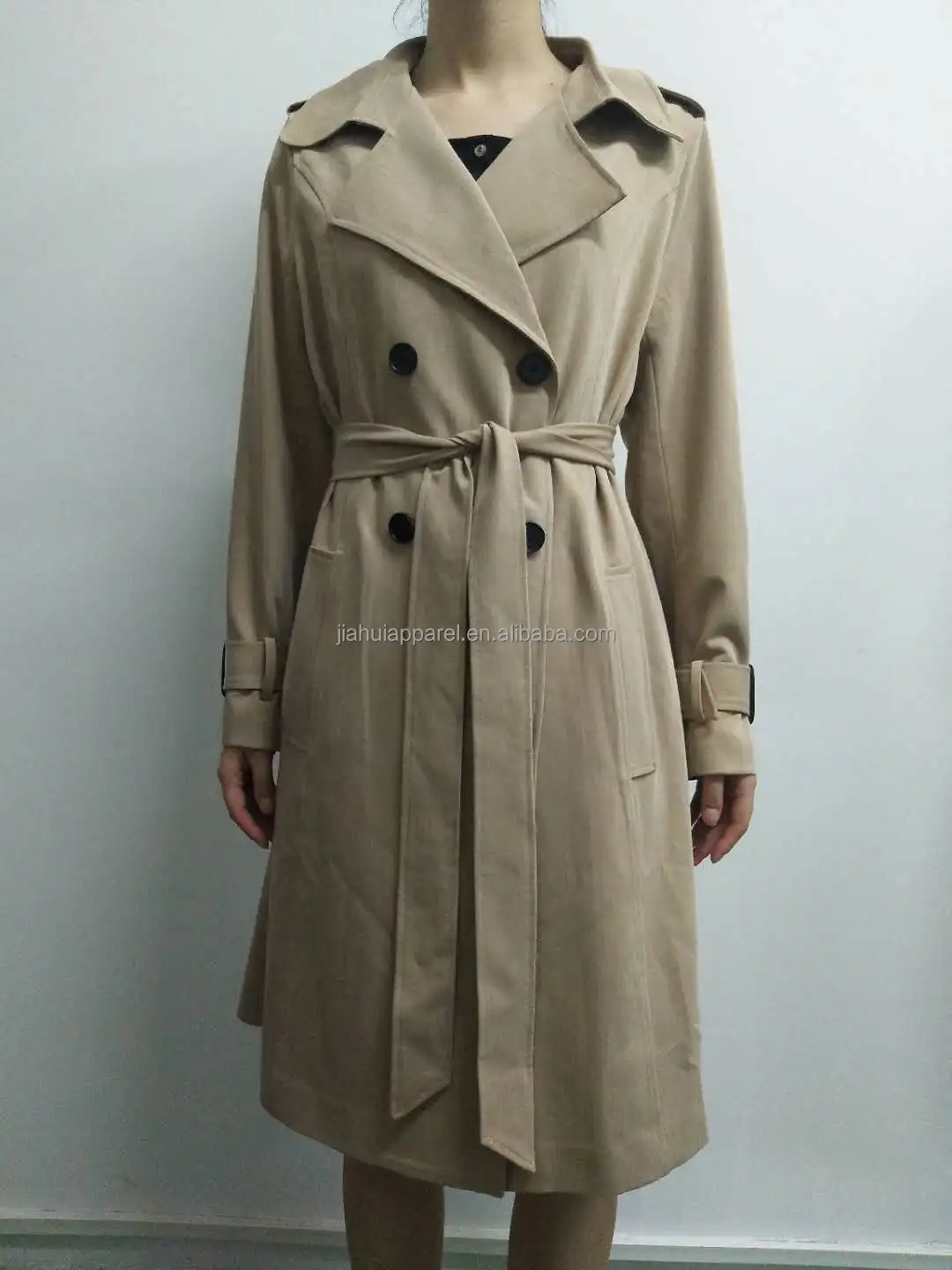 Custom Jacket Collar Double Breasted Belted Tailored Modest Coat Long Sleeve Women Trench Coats