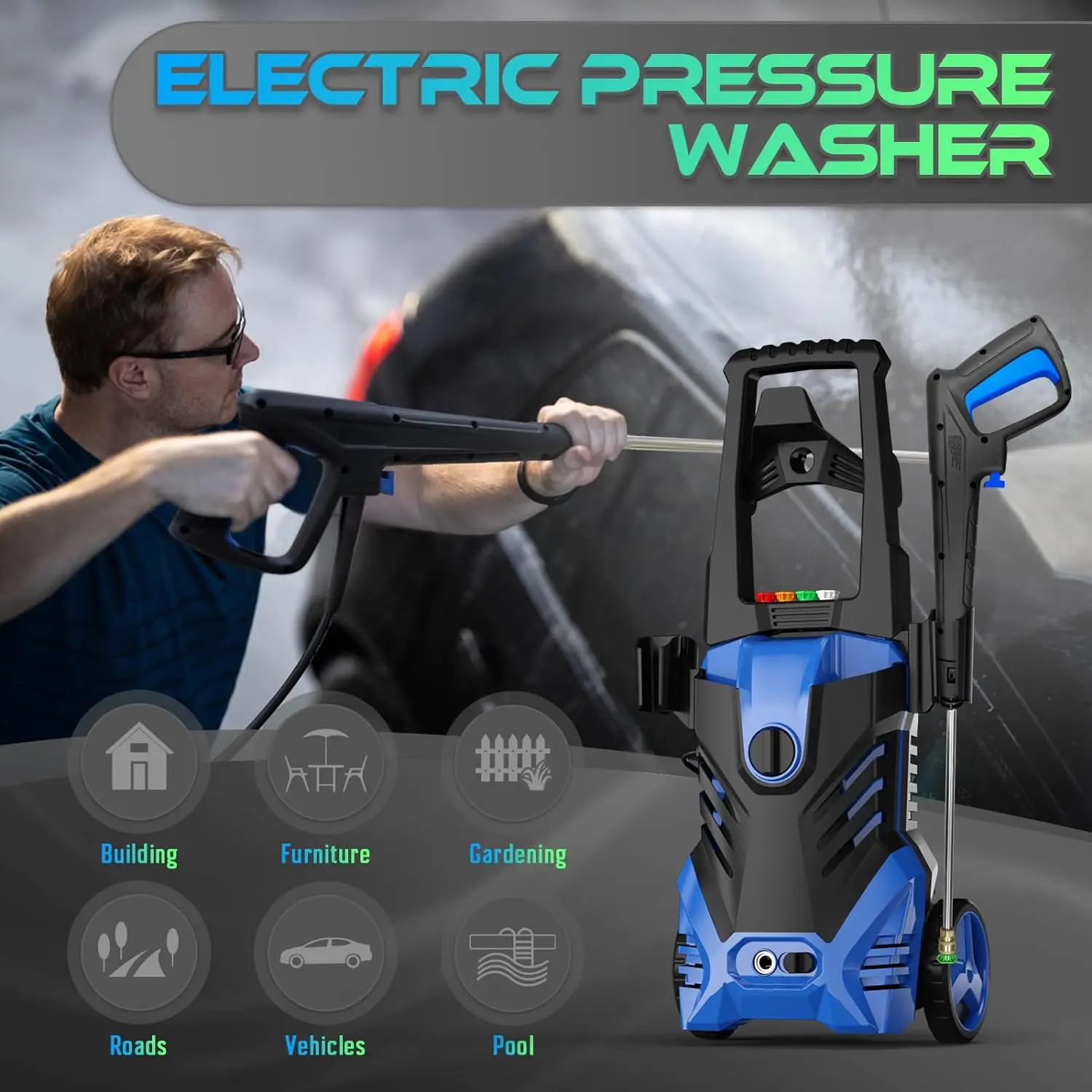 Electric High Pressure Washer 25ft Hose Power Cord, Making It Perfect for Cleaning Cars, Fences, Pool, Patios.