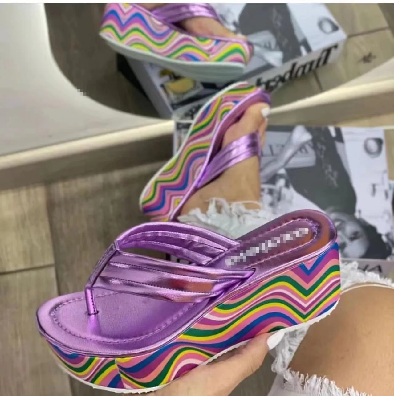 240531-1 36-42 Summer Fashion women flip flops Plus Size Colorful Platform Slides with Wedge  Beach Sandals for Women