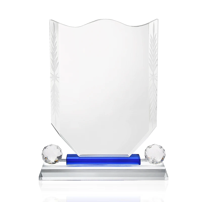 Manufacturers Direct Supply Transparent Crystal Award Wholesale Plaque Glass Trophy With Double Blue Base