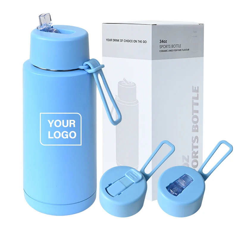 Hot sales Custom bpa free 34oz 1000ml stainless steel vacuum flask reusable frank double wall insulated  water bottle with straw