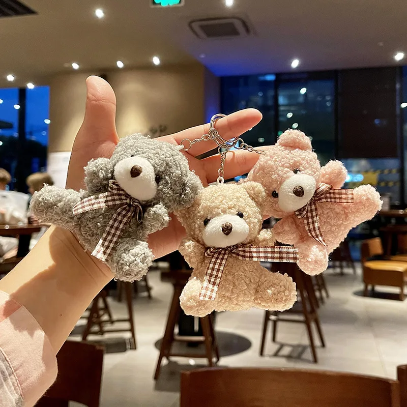 Ruunjoy Mini bow tie teddy bear short plush toy bag car key chain pendant doll ornament decoration doll keychain unique boutique