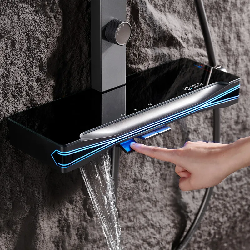 Top1 Piano Key Gray Bathroom Digital Display Faucet Shower System Set Bathtub Hot and Cold 3 Functions Tap Smart Shower Set