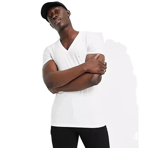 wholesale Custom summer fashion high quality 100% cotton loose fit t-shirt with deep v neck in white