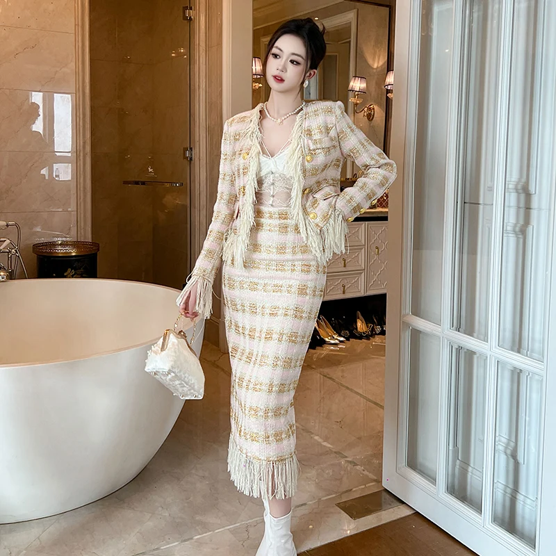 ZYHT 50679 Women Plaid Design Fringed Wool Tweed Two-piece Sets Spring Leisure Female Coat Jacket and Skirt Suit