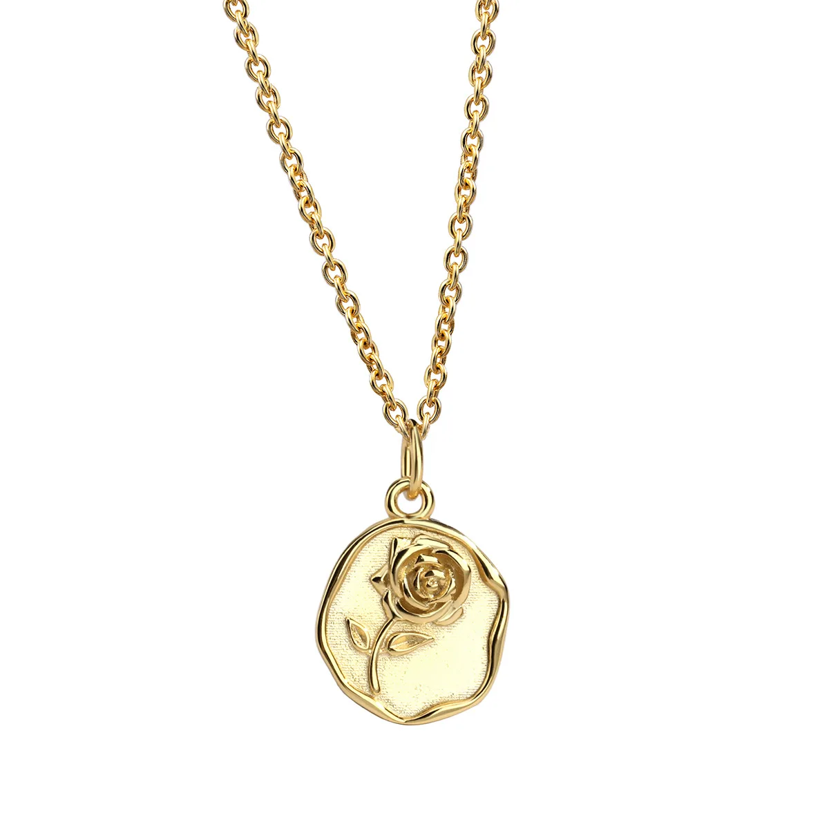 Fashion Gold Plated Brass Jewelry Temperament Vintage Embossed Rose Flower Medallion Coin Pendant Necklace For Women
