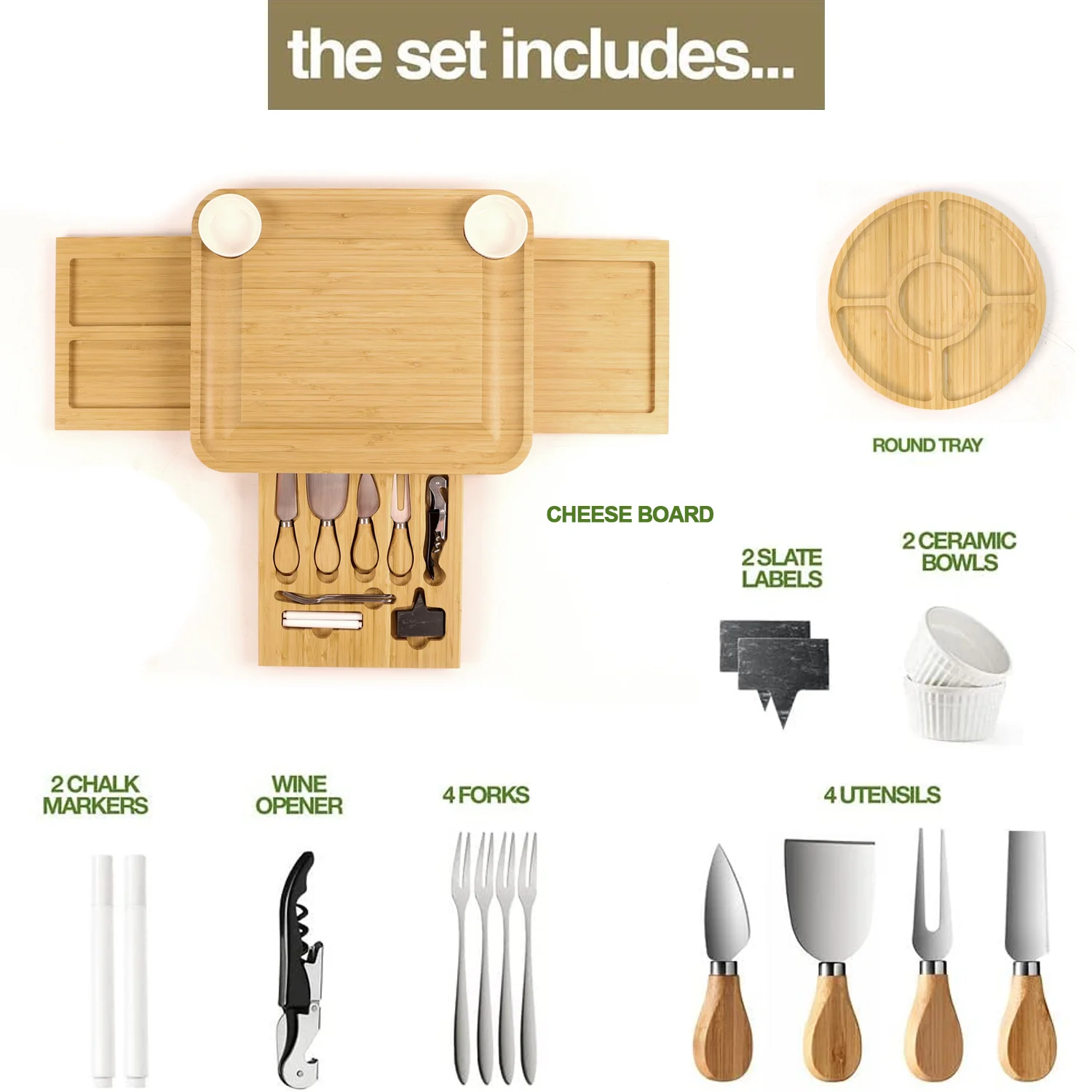 Bamboo Cheese Board Set With Drawer Meat Charcuterie Platter Cutlery Set High Quality Charcuterie Board With 4 Cheese Knives