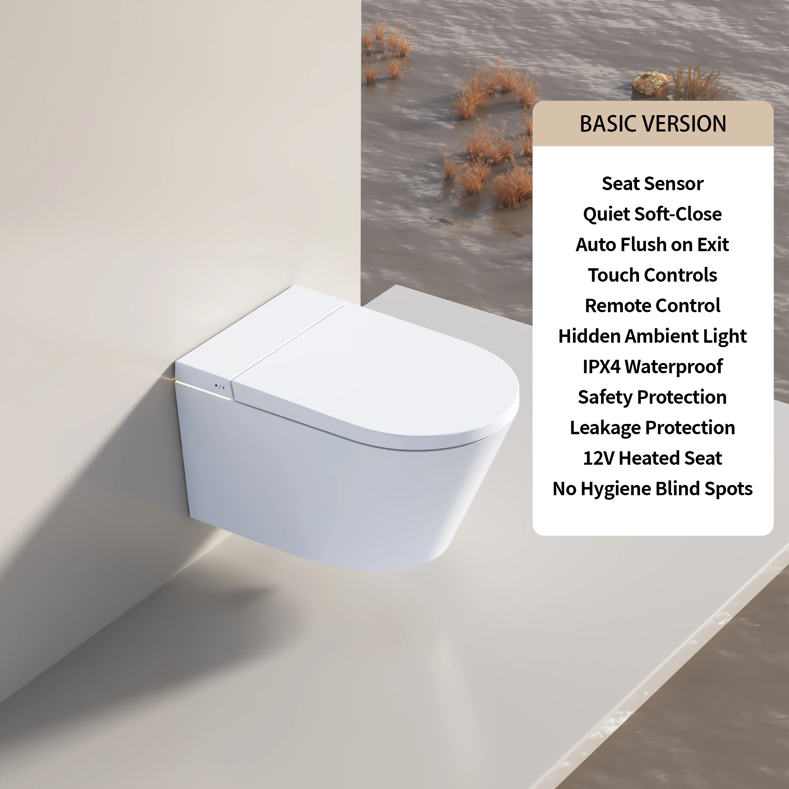 Wall-Hung Smart Toilet with Seat Ring Sensor Heated Seat Remote Control & Auto Flush Stand-up Feature