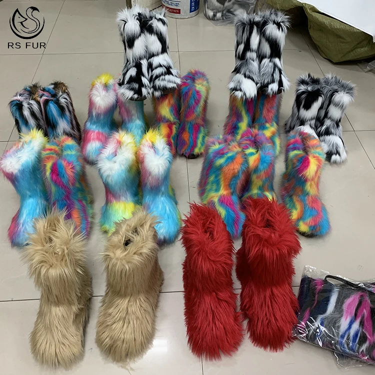Fashion Anti Slip Child Girls Women Luxury Red Fur Winter Boots Covered with Faux Fox Raccoon Fur