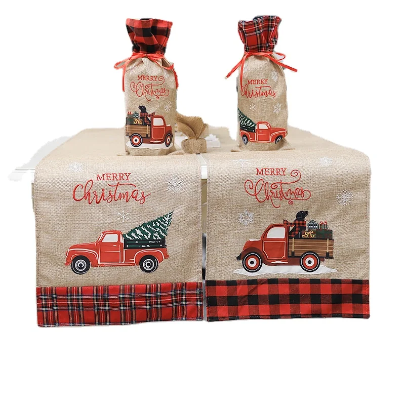YQ-161 Rustic Red Truck Tree Burlap Christmas Table Runner with Plaid Edges 2024