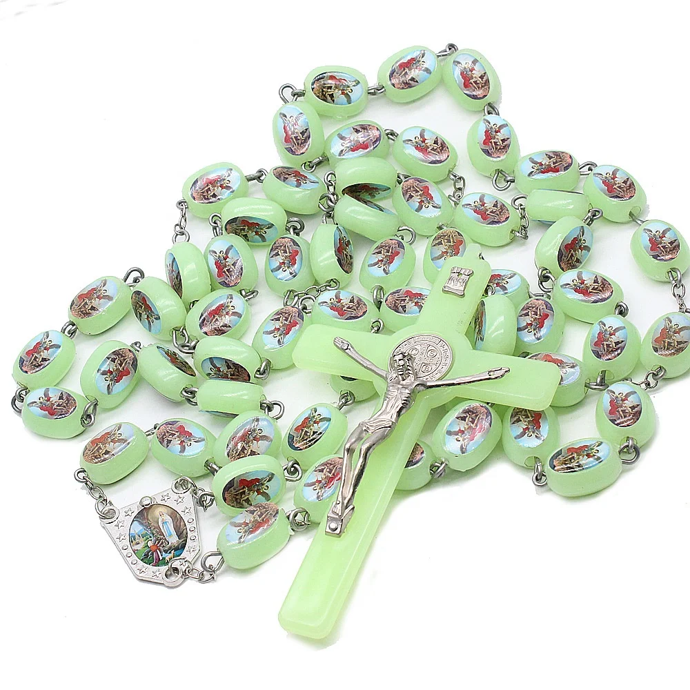 huge plastic Luminous wall rosary cross pendant necklace glow in the dark double sides with our lady of Grace