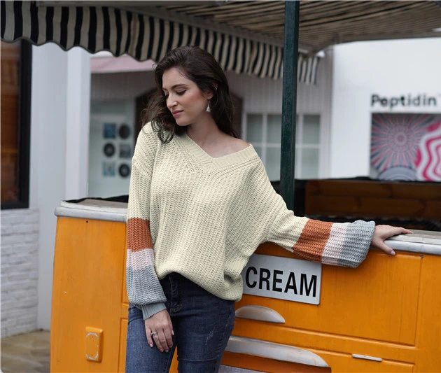 Хит продаж, женский полосатый пуловер с v-образным вырезом и рукавами-фонариками, свитер плюс размера, свитера в полоску