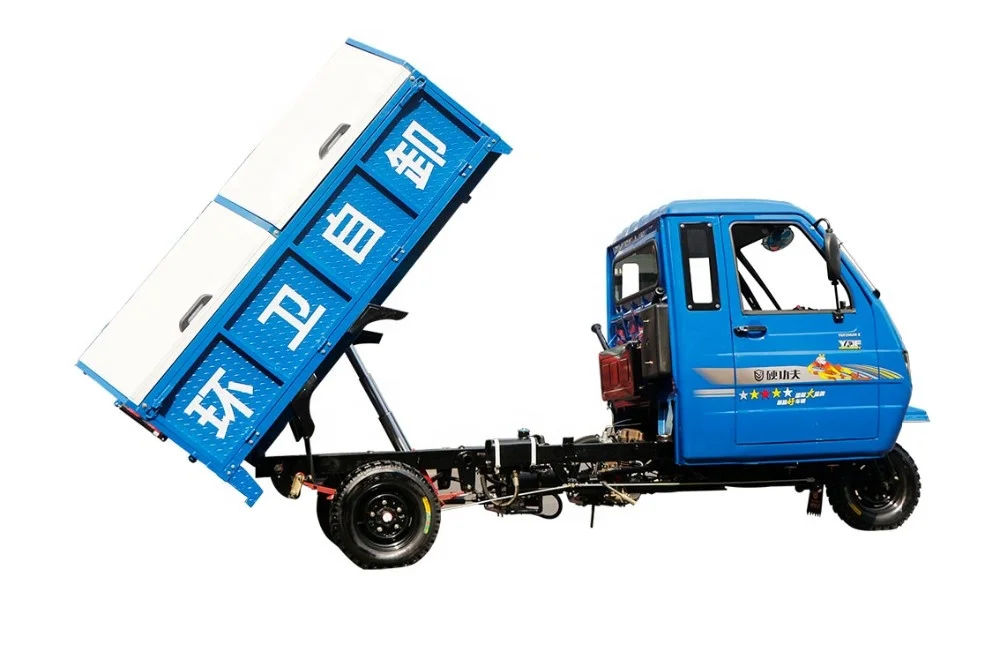 motorized gas powered three wheel sanitation tricycle with dump with closed cabin