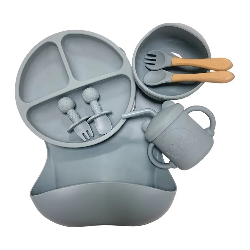 Bpa Free Soft Silicone Baby Spoon Mat Feeder Snack Cup Bibs Kids Divider Silicon Dishes Feeding Set For Baby Suction Bowl Plates